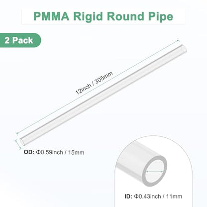 M METERXITY 2-Pack Clear Rigid Acrylic Pipe, 11mm[0.43"] ID x 15mm[0.59"] OD Plastic Round Tube for Water Cooling System/Lamps/Fountains/Aquariums/Display Stand, Acrylic Tubing [305mm/12IN] - size: 11mm ID x 15mm OD