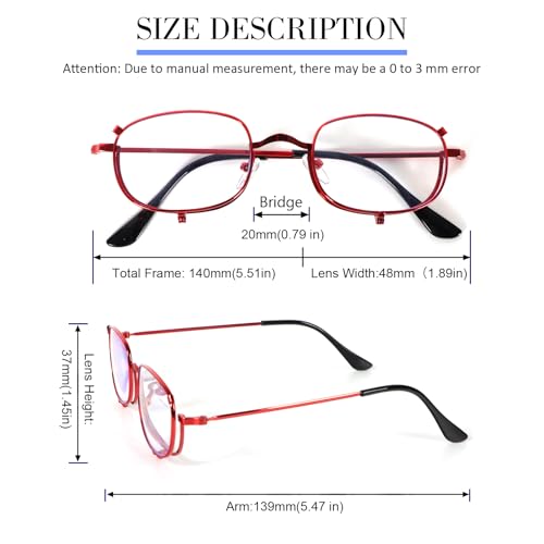 Makeup Reading Glasses for Women Metal Frame Flip Down Magnifying Cosmetic Readers Blue Light Blocking - color: Red