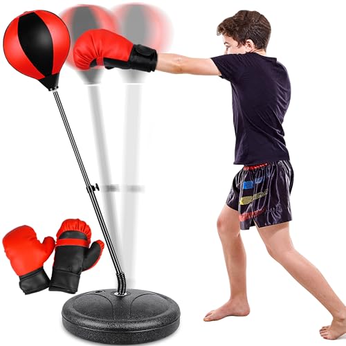 Punching Bag Set Toy with Boxing Gloves, Ideal Birthday for Kids Ages 3-8+ - color: Red