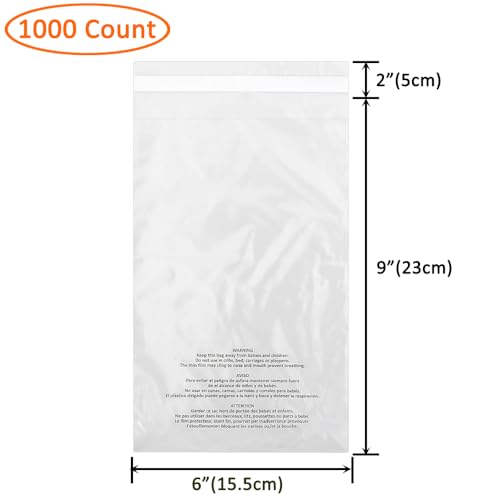 1000 Count 6x9 Inch Self Seal Clear Poly Bags with Suffocation Warning for Packaging, Shipping with Permanent Adhesive(1.5mil) - size: 6x9 Inch (1000 Count)