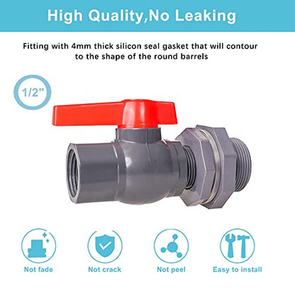 1/2 Inch PVC Rain Barrel Valve Spigot Kit with Ball Valve and Bulkhead Fitting Adapter for Water Tanks, Aquariums, Pools - size: 1/2"+valve