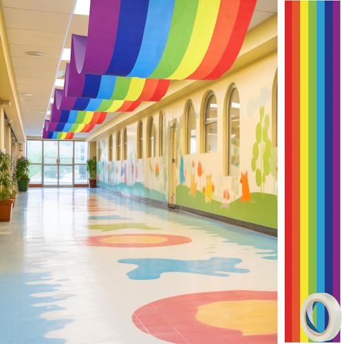 1 Pack Rainbow Ceiling Decorations 32 Inch x 16 ft Colorful Rainbow Hanging Banner with Tape Ceiling Decor for Birthday Party Classroom Daycare Nursery Decorations - style: Rainbow