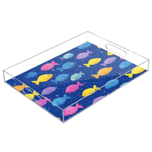 Acrylic Tray Clear Serving Vanity Ottoman Bathroom Coffee Table Countertop Organizer Raised Edge Spill Proof Dark Blue Cartoon Fishes - color: Dark Blue Cartoon Fishes