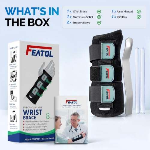 FEATOL Carpal Tunnel Wrist Brace Night Support, Adjustable Left Hand Brace - size: Medium/Large (Pack of 1), style: Left Hand -Black