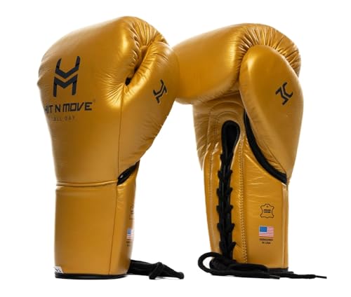 HIT N MOVE All Day Pro Balance Sparring and Bag Boxing Gloves LACE UP, Boxing Gloves Men & Women, Boxing Equipment, Sparring & Bag Gloves for Boxing, Kickboxing, Muay Thai, MMA - color: Gold, size: 16 OZ