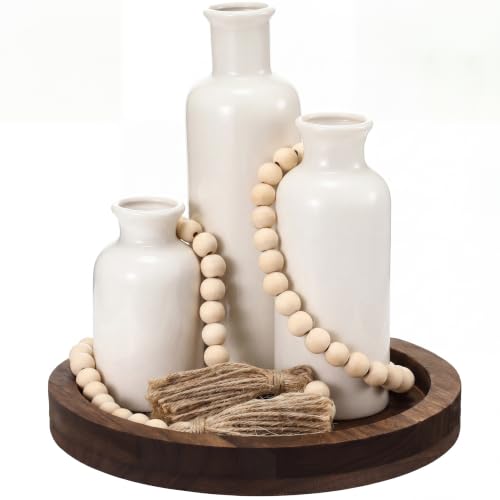 5 Pcs Rustic Country Tabletop Centerpieces Decor Set of 3 Boho Ceramic Vases with Wooden Serving Tray Wood Bead Garland Tassels Table Holder for Home Decorations(Dark Brown)
