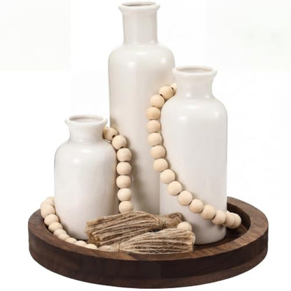 5 Pcs Rustic Country Tabletop Centerpieces Decor Set of 3 Boho Ceramic Vases with Wooden Serving Tray Wood Bead Garland Tassels Table Holder for Home Decorations(Dark Brown)