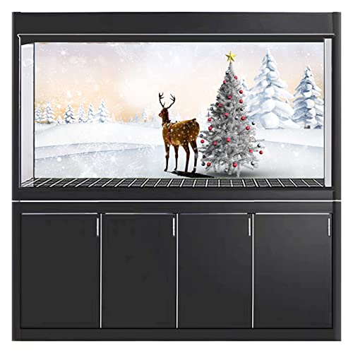 Aquarium Background Fish Tank Decorations Pictures Christmas 3D Effect PVC Adhesive Poster Christmas Tree Elk Backdrop Decoration Paper Cling Decals Sticker,42x30cm