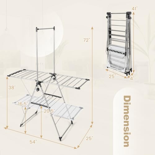 Tangkula Freestanding Foldable Clothes Drying Rack | Tall Hanging Bar & Height Adjustable Gullwing | Stainless Steel | No Assembly |Space-Saving | for Laundry Room Balcony Patio - size: 54" x 25" x 72"
