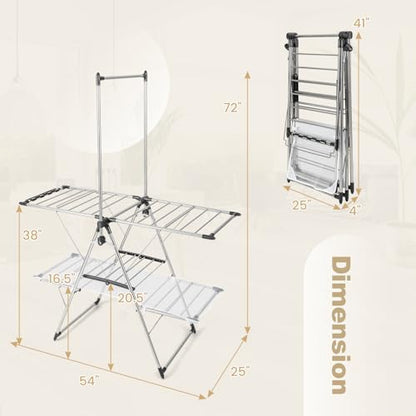 Tangkula Freestanding Foldable Clothes Drying Rack | Tall Hanging Bar & Height Adjustable Gullwing | Stainless Steel | No Assembly |Space-Saving | for Laundry Room Balcony Patio - size: 54" x 25" x 72"