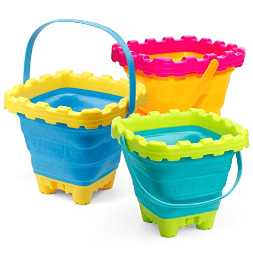 3L Jumbo Foldable Buckets, Castle Sand Beach Toy Silicon Pails For Kids Adults, Collasible Water Bucket Sandbox Kit Multi Use Summer Essential For Travel Cleaning, Camping, Picnic, Fishing 3 PCS - style: Foldable Castle