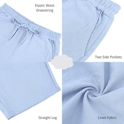 Linen Cargo Shorts for Men 2025 Summer Casual Elastic Waist Drawstring Lightweight Workout Beach Shorts with Pockets Sky Blue M