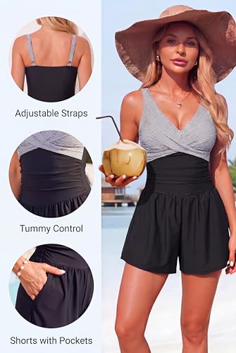 Smismivo Women's Tummy Control One Piece Swim Romper V Neck Swimsuit - color: Black White Stripe Top, size: Medium
