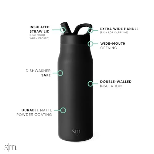 Simple Modern Insulated Water Bottle with Manual Straw | 34oz | Black - color: Midnight Black, style: 34oz