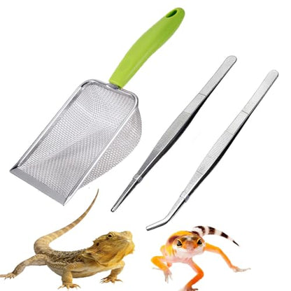 Reptile Sand Substrate Scoop Reptile Sand Fine Mesh Reptile Scooper Stainless Steel Terrarium Substrate Sand Bedding Litter Cleaner Scoop and Reptile Long Feeding Tongs Set (Green-2mm) - color: Green-2mm