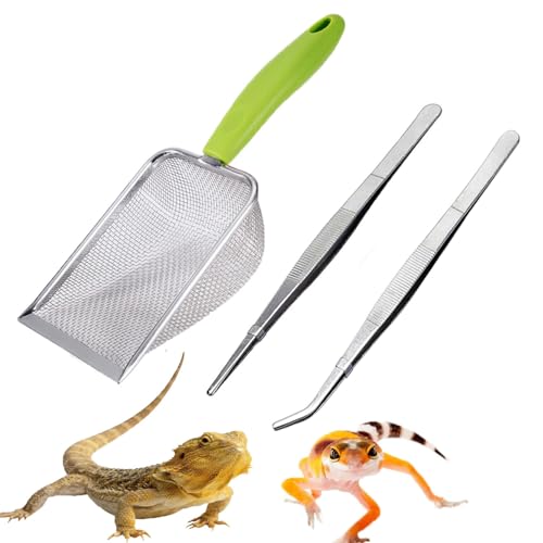 Reptile Sand Substrate Scoop Reptile Sand Fine Mesh Reptile Scooper Stainless Steel Terrarium Substrate Sand Bedding Litter Cleaner Scoop and Reptile Long Feeding Tongs Set (Green-2mm) - color: Green-2mm