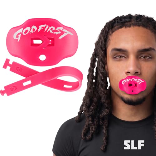 SLEEFS Classic Football Mouthguard with Bold Designs and Removable Strap - color: God First Pink