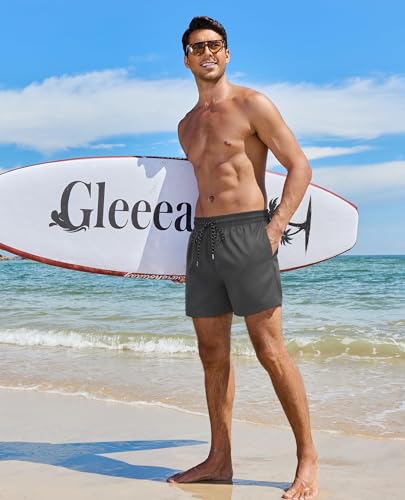 Gleeease 5 Inch Mens Swim Trunks with Compression Liner Men's Bathing Suit - color: Dark Grey, size: Large