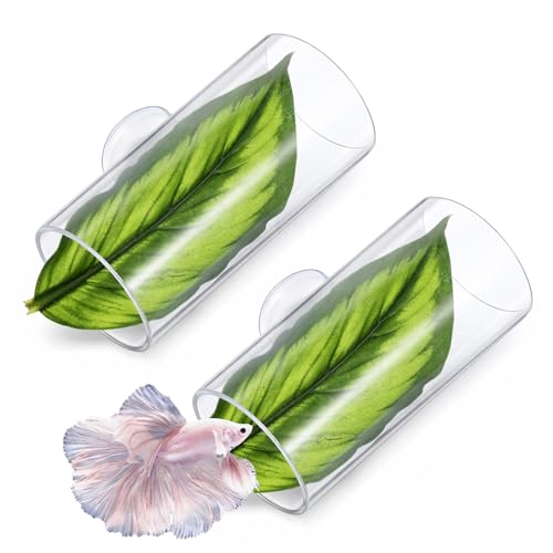 2 Pcs Acrylic Betta Hammock Tunnel Fish Tank Accessories with Soft Faux Leaf Fish Shelter Hideaway with Suction Cups for Sleeping Hiding Resting