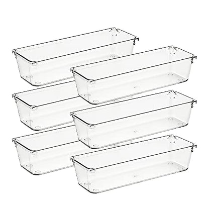 Ravinte 6 Pack Drawer Organizer - 3" X 9" Plastic Storage Bins, Acrylic Organizers with Non-Slip Pads Clear Desk Storage Tray for Makeup, Jewelries, Kitchen Utensils, Bathroom and Office - size: 3" x 9"