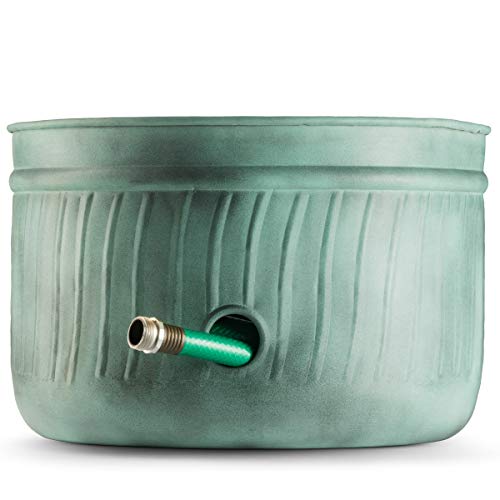 Garden Hose Holder Storage Pot with Lid 17 x 11.5" | Water Hose Container Pot Outdoor or Indoor Use | Expandable Water Hose Hider l | (‎Sculptor’s Secret Harbor Teal) - Handmade