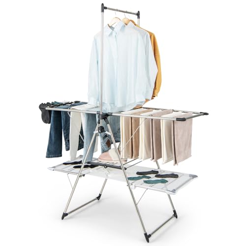 Tangkula Freestanding Foldable Clothes Drying Rack | Tall Hanging Bar & Height Adjustable Gullwing | Stainless Steel | No Assembly |Space-Saving | for Laundry Room Balcony Patio - size: 54" x 25" x 72"
