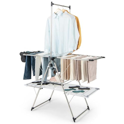 Tangkula Freestanding Foldable Clothes Drying Rack | Tall Hanging Bar & Height Adjustable Gullwing | Stainless Steel | No Assembly |Space-Saving | for Laundry Room Balcony Patio - size: 54" x 25" x 72"