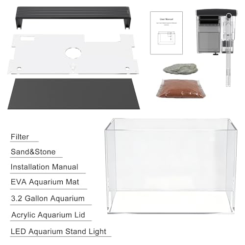 3.2 Gallon Fish Tank, Nano Nature Aquarium,Small Aquarium Starter Kit,Ultra-Clear Rimless Desktop Small Aquarium with Filter,Light,Rainforest Sand,Rock for Betta,Shrimp,Goldfish,Clear Glass