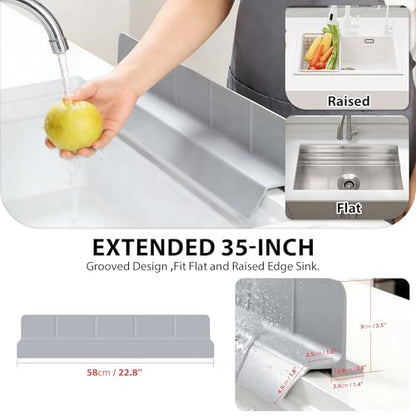 23Inch Sink Splash Guard – Extended Length & Tall Silicone Kitchen Sink Splash Guard with Overhang Drainage Design, High Splash Wall & Strong Suction Cups for Countertop (Grey, 23''x3.5'')