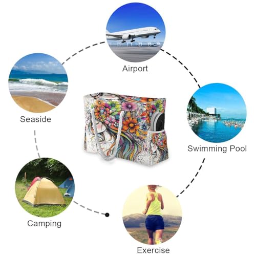 senya Large Beach Bags Totes Canvas Tote Shoulder Bag Soft Wave Water Resistant Bags for Gym Travel Daily Ocean - color: Girl With Flowers