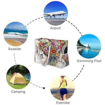 senya Large Beach Bags Totes Canvas Tote Shoulder Bag Soft Wave Water Resistant Bags for Gym Travel Daily Ocean - color: Girl With Flowers