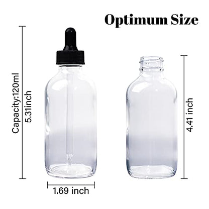 24 Pack 4oz Clear Glass Bottles with Glass Eye Droppers for Essential Oils, Perfumes & Lab Chemicals (2 Brushes, 2 Funnels, 2 Extra Droppers, 36 Pieces Labels & 30ml Measuring Cup Included) - color: Clear