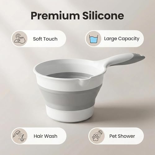Premium Silicone Bath Rinse Cup & Water Pourer - Large Capacity Blue and White Bath Cup for Rinsing Hair, Shower Hair Washing Mug, Pet Bathing, and Travel - style: Blue