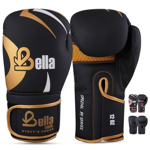 Bella Boxing Gloves - Pro Training & Sparring Gloves, Maya Hide Leather, Men Women Adult, Muay Thai MMA Kickboxing Workout, Heavy Punching Bag & Focus Mitts, Multi Layer Padding, Ventilated Palm - color: Golden, size: 8oz