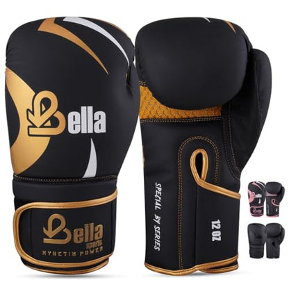 Bella Boxing Gloves - Pro Training & Sparring Gloves, Maya Hide Leather, Men Women Adult, Muay Thai MMA Kickboxing Workout, Heavy Punching Bag & Focus Mitts, Multi Layer Padding, Ventilated Palm - color: Golden, size: 8oz