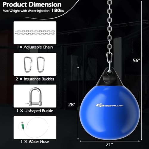 Goplus Water Aqua Bag, 21'' 180 Pound /18” 110 Pound Heavy Punching Bag with Adjustable Metal Chain, Water Injection Hose, Boxing Training Bag for Adults Fitness, MMA - style: Blue-21”, 180LBS