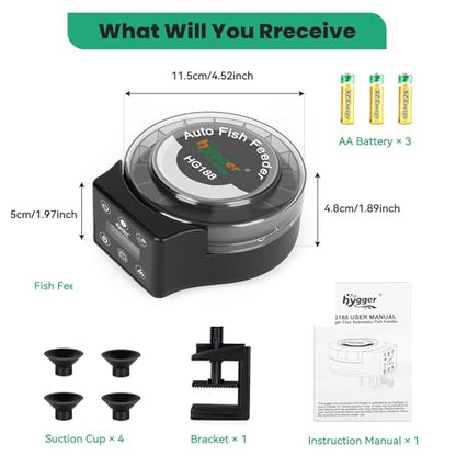 hygger Automatic Fish Feeder for Aquarium: Auto Fish Food Dispenser with LED Display & Timer, Precision Auto Aquarium Vacation Feeder for Fishes with 3 AA Batteries for Betta Turtle Goldfish