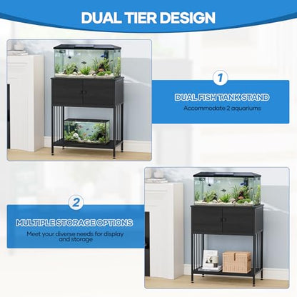 20-29 Gallon Aquarium Stand Metal Frame Fish Tank Stand with Cabinet Storage,for 20 Gallon Long Aquarium,29.5" L*16.5" W Tabletop,500LBS Capacity,Black
