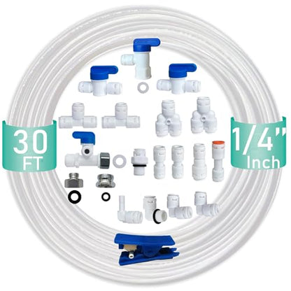 NSF Certified 1/4" O.D. Push to Connect Fittings for RO (Reverse Osmosis) Water Filter（with Shut-Off T Valve）18 pcs+30 feet 1/4" Water tubing.