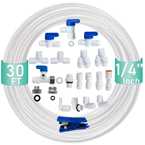NSF Certified 1/4" O.D. Push to Connect Fittings for RO (Reverse Osmosis) Water Filter（with Shut-Off T Valve）18 pcs+30 feet 1/4" Water tubing.