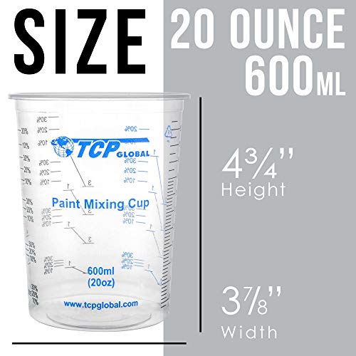 TCP Global 20 oz. (600ml) Graduated Plastic Mixing Cups - Box of 25 - Disposable Plastic Measuring Cups for Liquids, Paints, Resin, Epoxy, Art, Kitchen - Ratios 2-1, 3-1, 4-1 ML