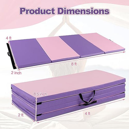 Goplus Gymnastics Mat, Folding Tumbling Mat with Carry Handles, Hook & Loop Fasteners, 4 Panels for Fitness Exercise Yoga Stretching Aerobics Workouts, Thick Gym Mats for Home - color: Pink&Purple