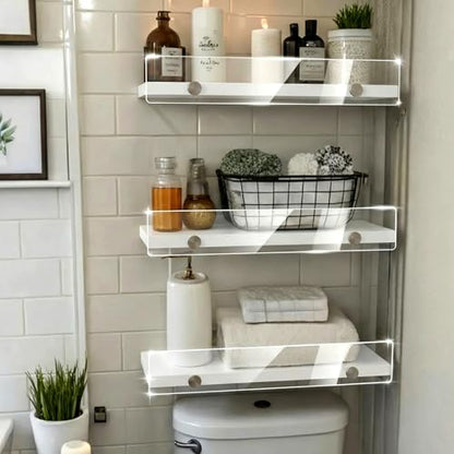 Over the Toilet Shelves - Wall Mounted Floating Shelves with Clear Acrylic Lip, 15.7" Rustic Farmhouse Bathroom Storage Shelves, 3 Pack White