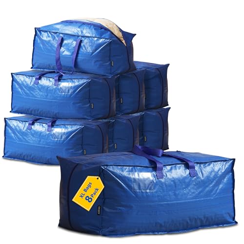 Extra Large Moving Bags - 8-Pack Heavy Duty Storage Duffel - Sturdy Backpack Straps Handles, Zippers - Reusable Moving Storage Bags for Clothes - Folding Collapsible Storage Tote Bag Set – Blue