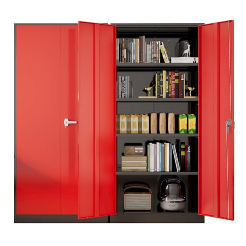 Metal Lockable Storage Cabinet, 72” Tall Storage Cabinet with 2 Doors and 4 Adjustable Shelves for Office, Home, Garage, Pantry (Assembly Required, 18”D, Black Red) - color: Black Red, size: Large 72"