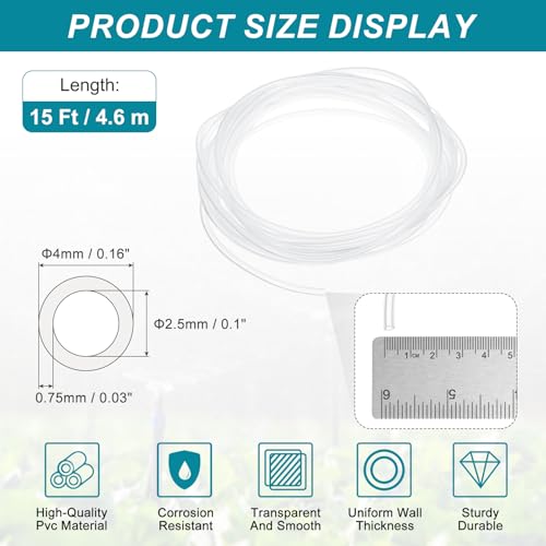 uxcell Clear PVC Tubing, 2.5mm ID x 4mm OD - 15ft PVC Tube Lightweight Vinyl Hose, Transparent Flexible Plastic Water Tubing for Air Oil Water Transfer Aquarium Irrigation