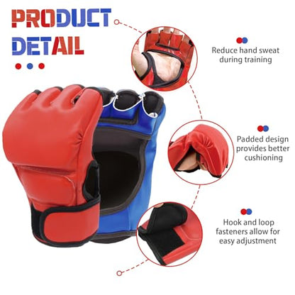 Boxing Gloves and Headgear Set for Adults 2 Pair Gloves and 2 Head Guards - color: BlueRed