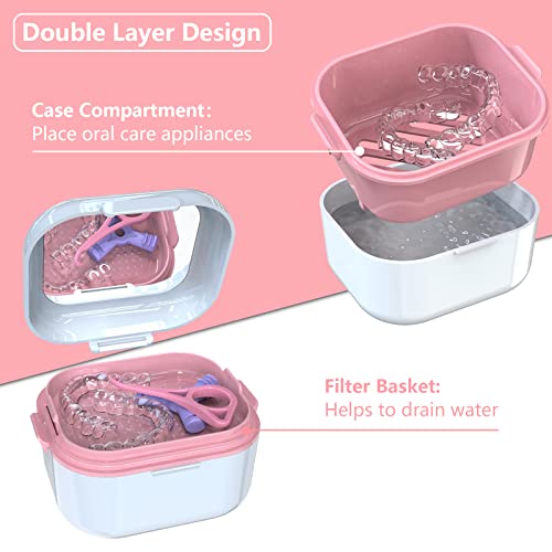 Denture Case with Mirror, Leakproof Retainer Box with Strainer Basket - color: White Pink