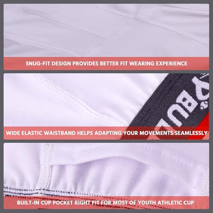 2-Pack Boys Cup Underwear Youth Boxer Briefs with 1 Protective Athletic Cup for Baseball, Football, Lacrosse - color: White 3, size: X-Large
