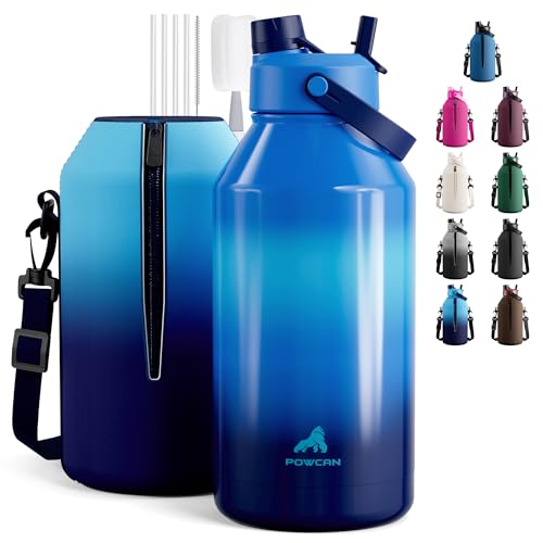 POWCAN 64 oz Insulated Water Bottle with 2-in-1 Straw and Spout Lid, Leakproof, Carrier Bag, Cleaning Brush, BPA-Free, Metal Water Bottle with Handle for Outdoors, Sport, Gym and Hiking (Shoreline) - color: Shoreline